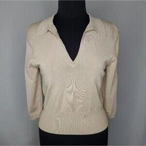 Evelyn Knit Top Womens Large Beige Stretch V-Neck Collar 3/4 Business Office